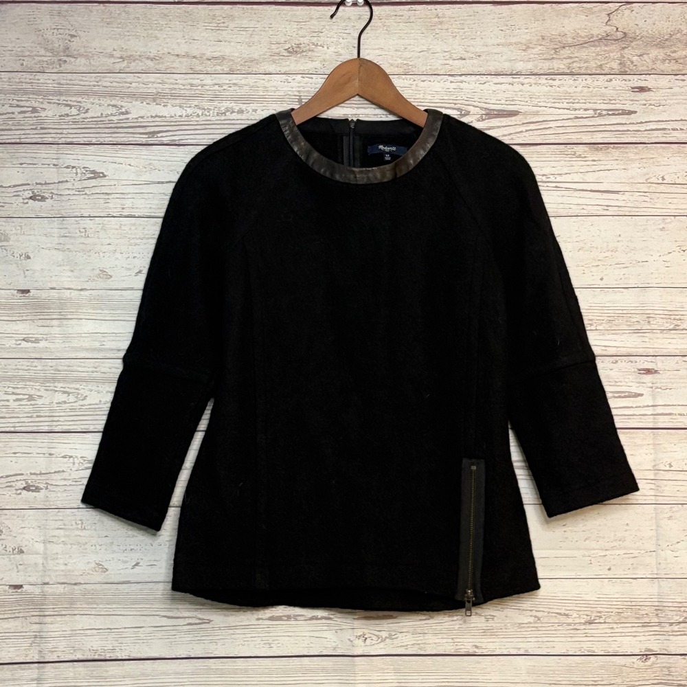Madewell Black‎ Wool Blend Leather Trim Side Zip Top XS